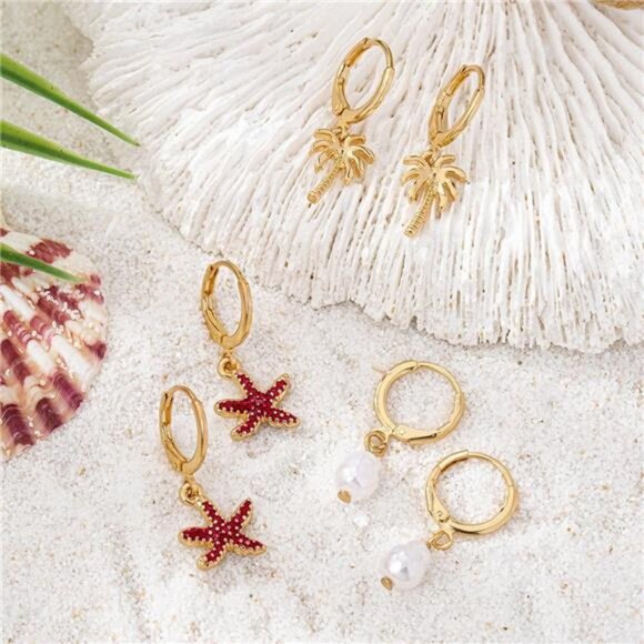 3-Pair 18K Gold-Plated Alloy Drop Earrings - Picture 2 of 5